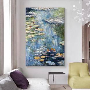 世名画莫奈界睡莲象手绘油画玄关印派肌理饰画客厅荷ZWL塘风景装