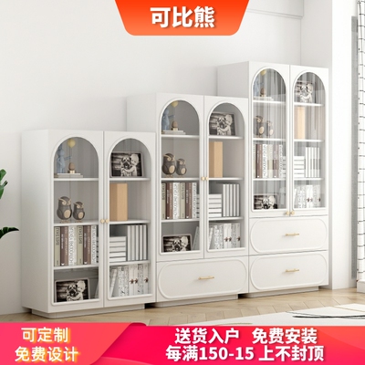 可比熊实木书柜法式家用收纳柜带玻璃门组合学生书橱儿童置物书架