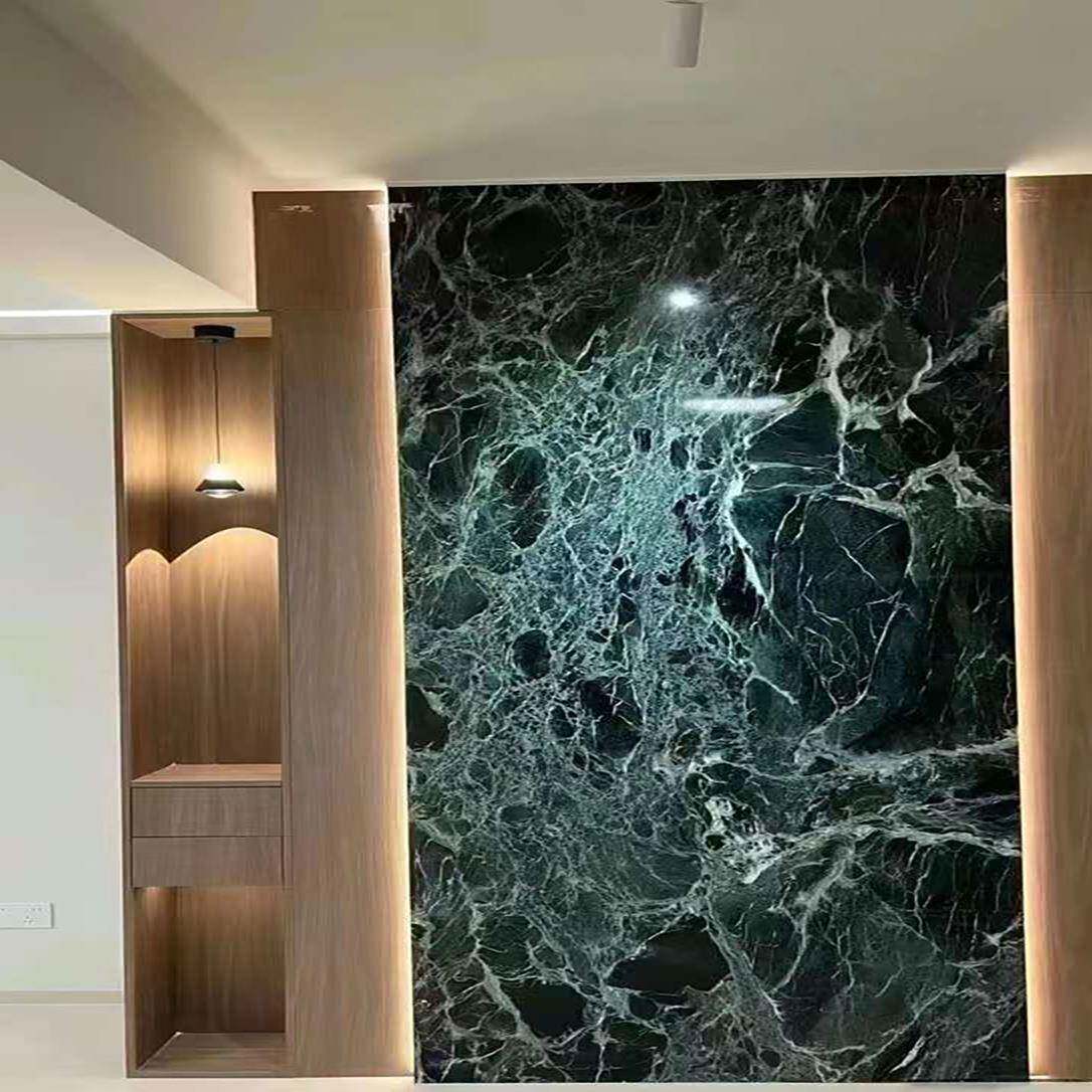 谱拉达绿奢石餐桌意大式岛台理石台面店酒别装修88784墅背景墙