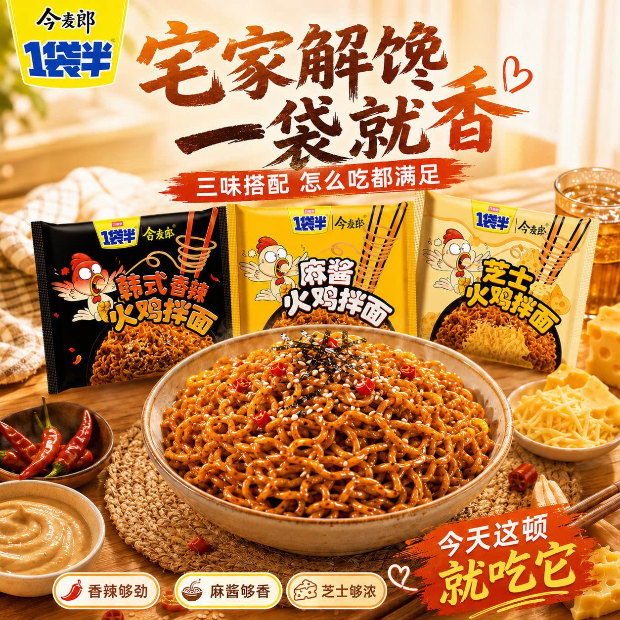 今麦郎火鸡面袋装韩式甜辣麻酱咸蛋黄味方便面免煮充饥速食宵夜DC图片