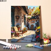 数字油画diy填充手工填色中式 花园小庭院建筑风景涂色丙烯油彩画