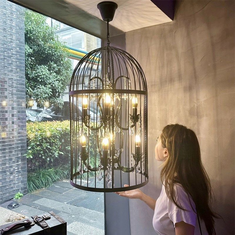 水晶鸟笼吊灯工业风创意个性艺术吧台餐厅灯店铺商用铁艺复古灯具,家装灯饰光源,餐厅吊灯,淘宝优惠券,粉丝福利购,淘宝优惠卷