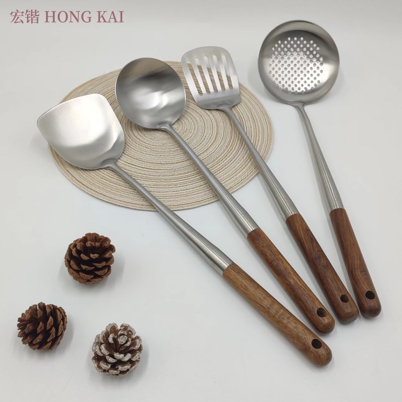 304不锈钢加厚炒铲煎铲漏勺厨师家用加长柄花梨木厨具汤勺炒菜勺