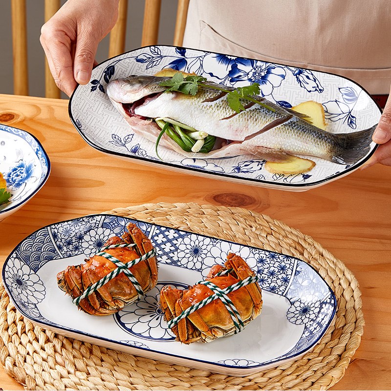 鱼盘家用陶瓷加厚品质餐具健康釉下彩12英寸长方盘子蒸鱼大号鱼碟