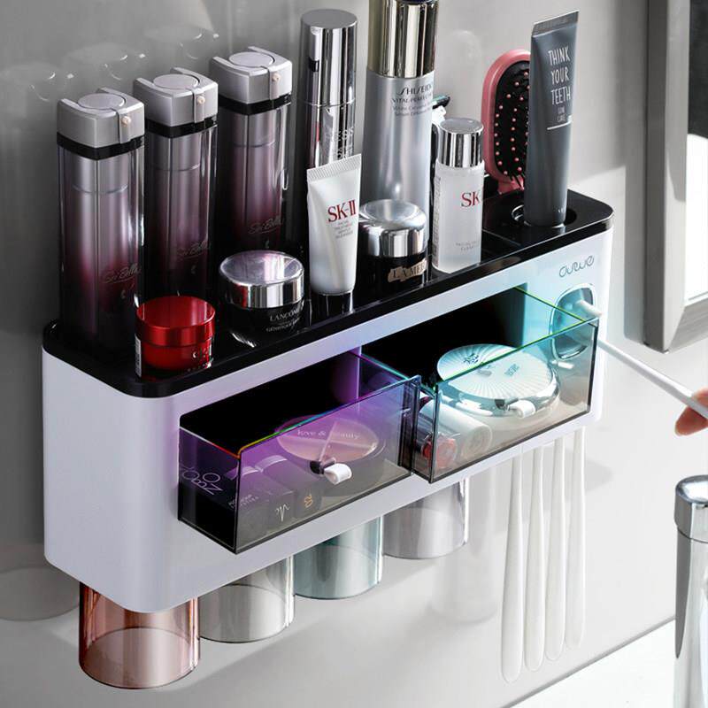 创意时尚化妆室免打孔多功能牙刷架置物架壁挂式牙缸杯牙具收纳层