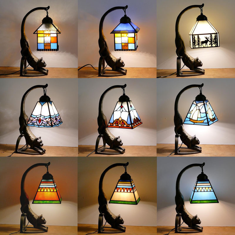 小猫底座装饰地中海客厅书房吧台彩色玻璃台灯温馨卧室床头小夜灯