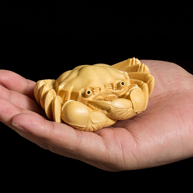 黄杨木雕螃蟹文玩手把件雕刻工艺品实木客厅招财摆件小件八方来财