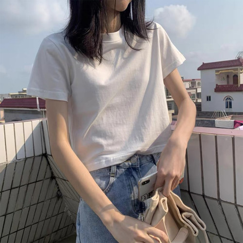简约纯色套头正肩显瘦短款T恤