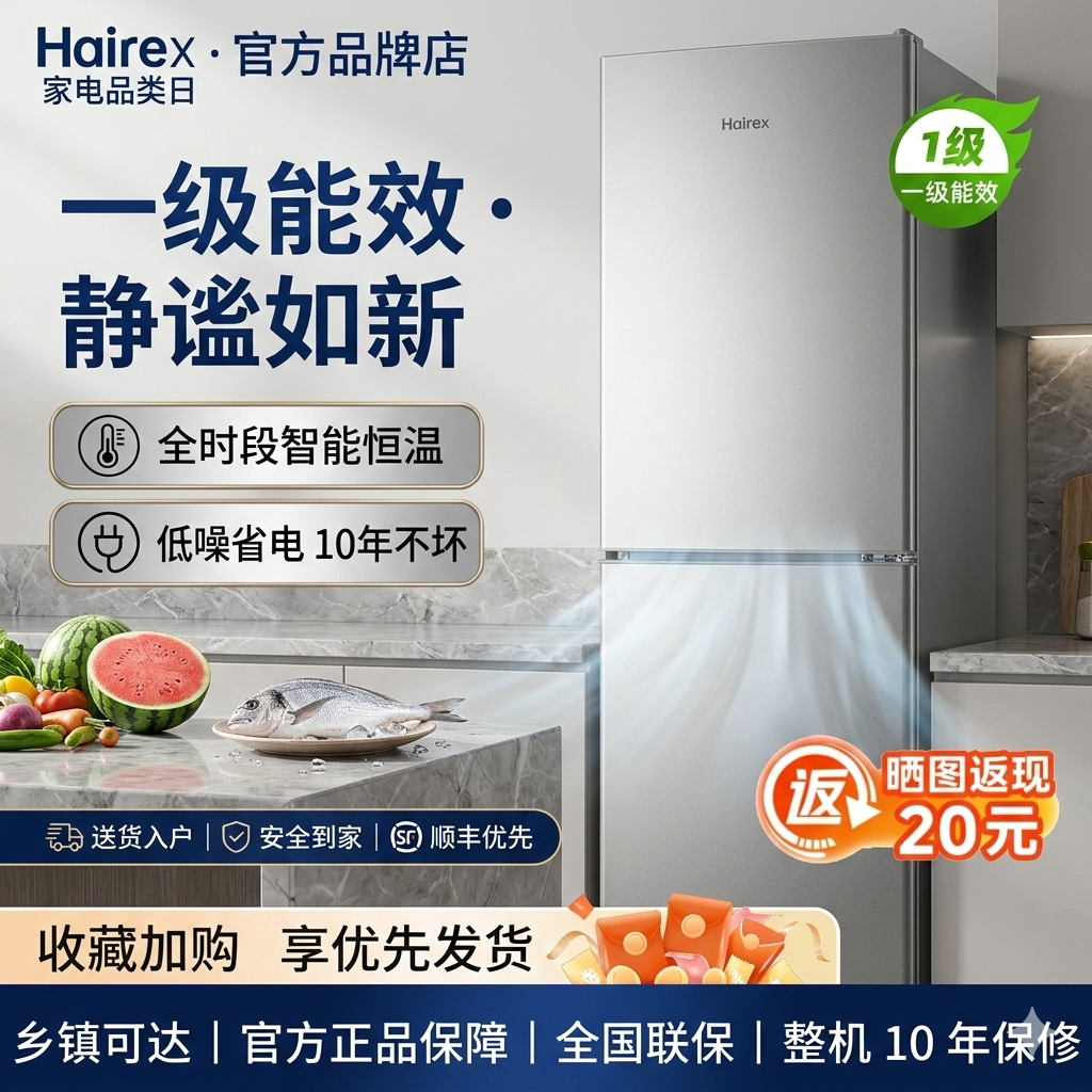 Hairex小冰箱一级能效家用宿舍出租房冷冻双开门中型迷你小型冰箱