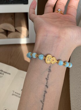 炸珠葫芦高品海纹石925银 女手链新中式个性银镀金手串珠链高级感