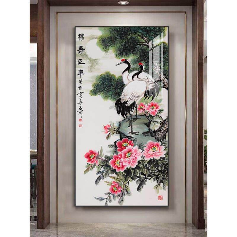 仙鹤图饰装画中式挂画仙鹤玄鹤寿图字画PRS关画走廊竖款画松鹤延
