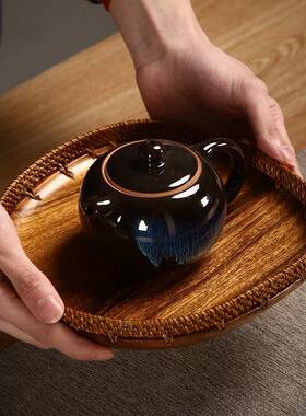 围炉冰茶用OZE藤编点心盘干纳果盘胡桃木小盘家桌面收篮木质收纳