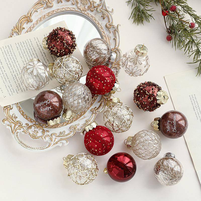 新品5CM塑圣诞饰球25个桶FCO装粘粉料镀球圣诞树挂电件装吊球套装