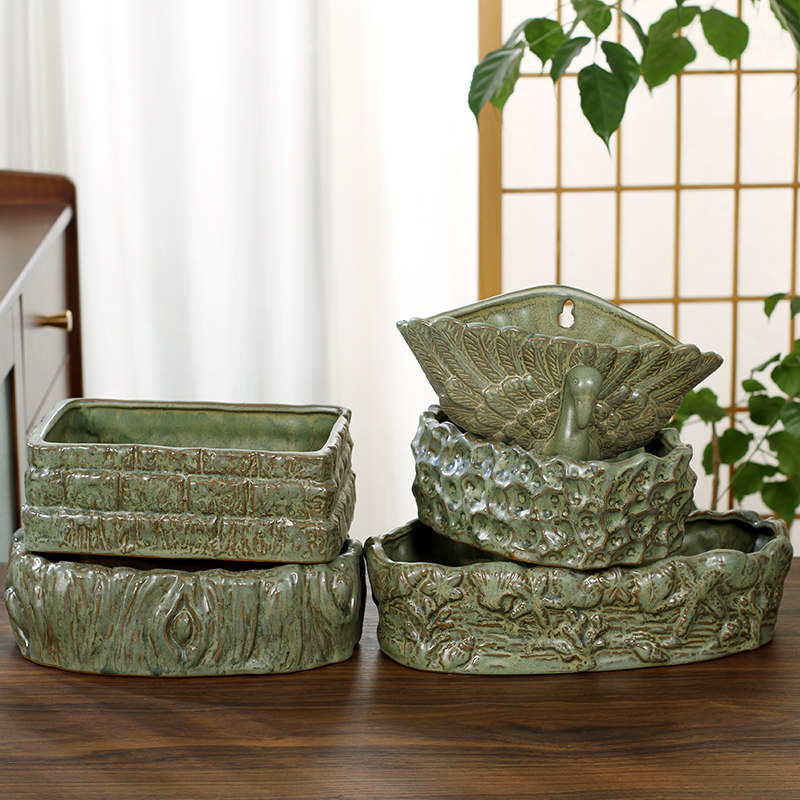 无孔铜钱草壁挂碗莲睡莲水仙花盆陶瓷陶盆多肉长条大口径水培器皿