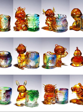 十二生肖琉璃笔筒办公室水晶装饰小摆件鼠牛虎兔龙蛇马羊猴鸡狗猪