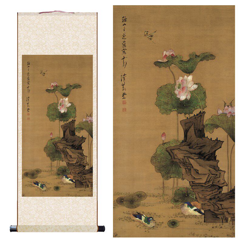 明陈洪绶荷花鸳鸯图真迹复制艺术微喷古画卷轴画花鸟装饰画芯临摹