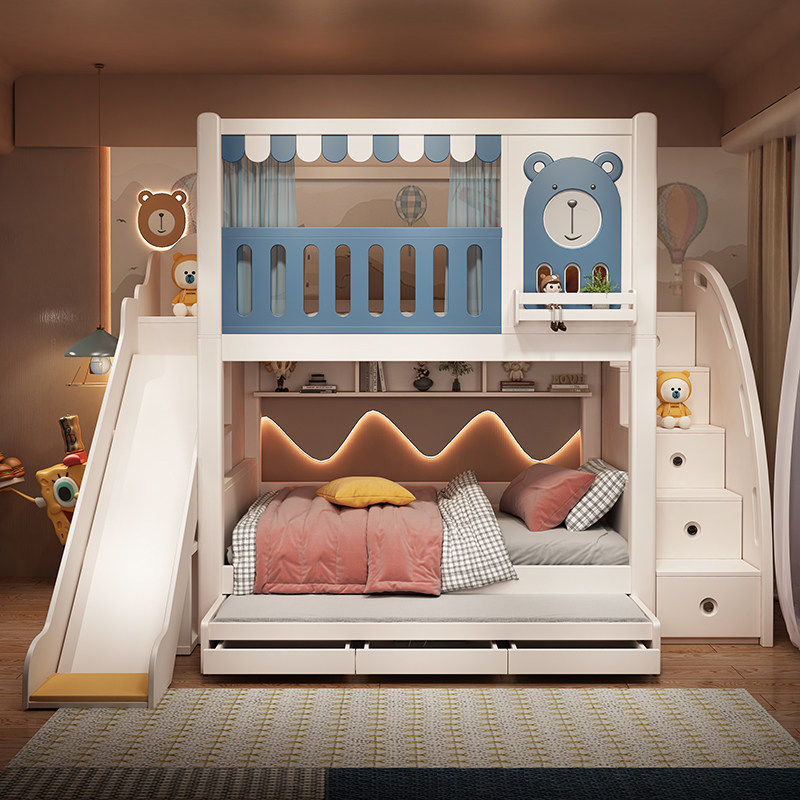 儿童床上下床双层床男孩上下铺树洞床高低床子母床加高护栏带滑梯