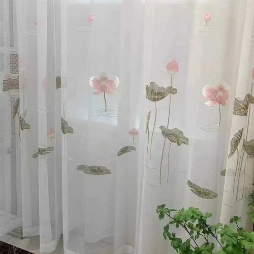 窗帘荷花中式绣花纱帘透光透气成品隔断卧室窗纱书房客厅飘窗阳台