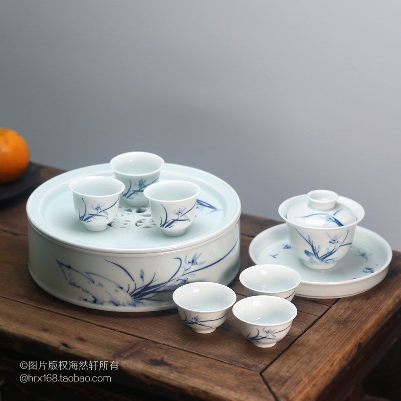 复古老潮州功夫茶具茶盘茶船 手绘青花瓷茶盘干泡盘茶池盖碗茶杯
