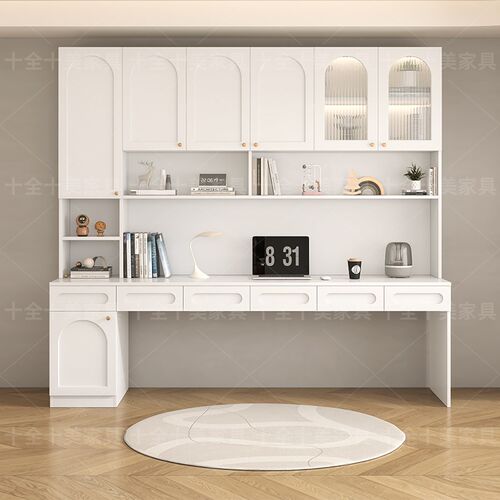 双人书桌书架一体桌组合奶油风家用实木学生写字桌台式办公电脑桌