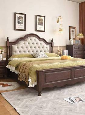 美式.实木床黑色床18M双法人床现代简约复古大床轻式奢主LNL卧婚