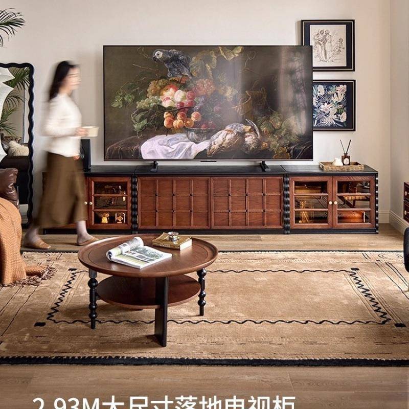 法式实木盘格柜视黑色柜客厅电组合小VSI户型储物柜复古棋落地收