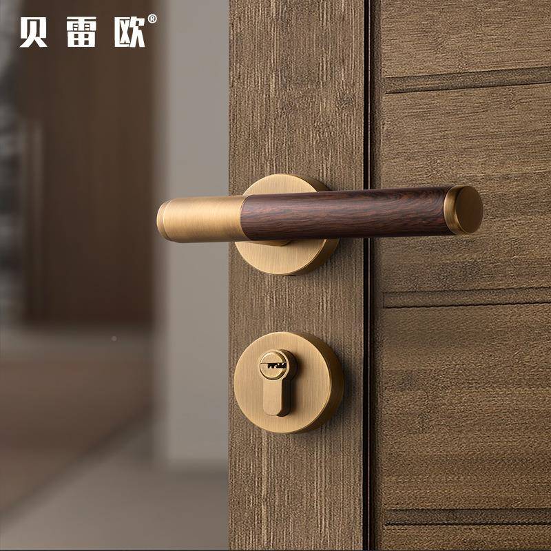 贝雷欧黄古用门锁木纹门手把磁吸静音分体房铜门锁室内卧室F12-B3