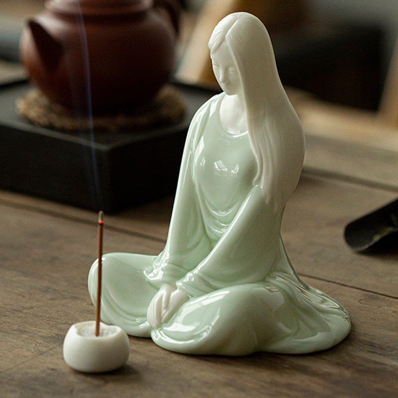 厂家直销禅意陶瓷人物摆件中式美女点香座插香电视柜摆设送礼佳品