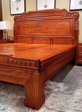 花仿梨木纯实木中实式榫卯全木床花1.8双人床1.5主卧古雕明94309