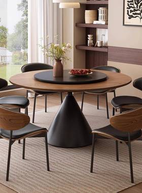 法式复古圆风实木餐桌形式IMV带转盘6风人家用小户型中古黑色意圆