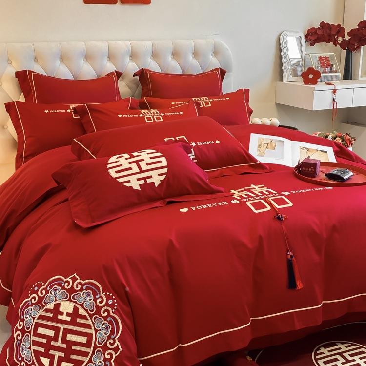 中F98T6TSJ式结婚四件大红用色婚庆纯棉喜被套婚房被新婚陪嫁床套