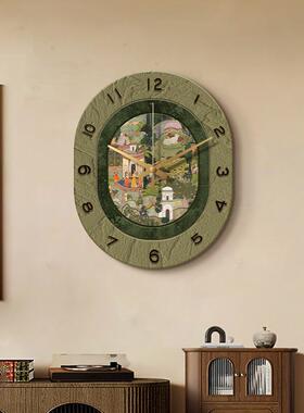 挂法式复古客DAI厅钟感中古风挂餐厅饰画创意钟装表墙绿色时钟画