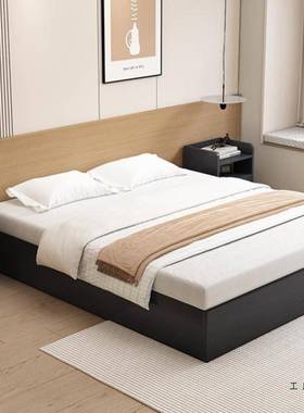 实木现床板简约代黑色榻榻米无床头地KKK台床卧落地用室民家宿排