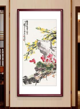 中式入13519玄关挂画腊梅户天竹图花鸟竖国画茶室书房版廊过道走