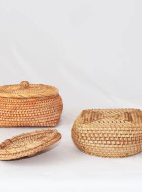 越南手家工盖编织筐藤编居收纳桌面茶02435几藤编天圆地方带收纳