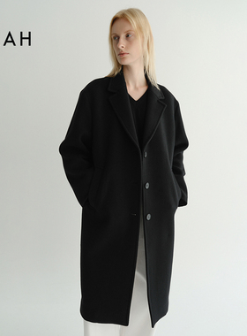 EAAH 韩国品牌 2025秋冬女装毛呢外套纽扣极简翻领黑色羊毛大衣