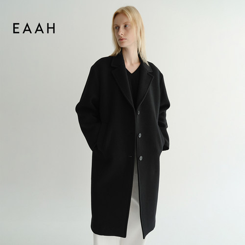 EAAH 韩国品牌 2025秋冬女装毛呢外套纽扣极简翻领黑色羊毛大衣