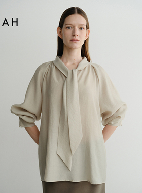 EAAH 韩国品牌25秋冬简约通勤风飘带衬衫女长袖宽松百搭上衣