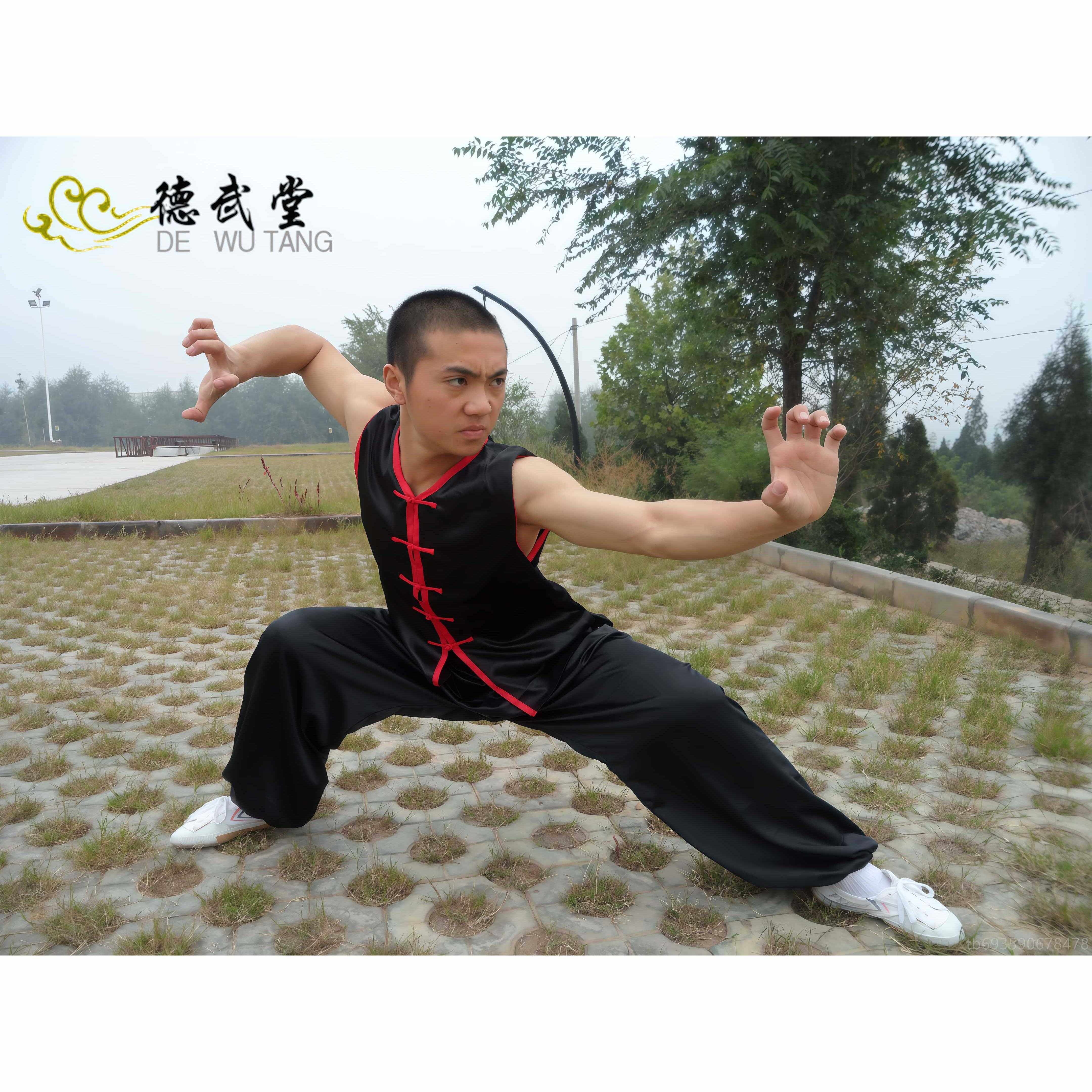 正品黑色红边南练拳服武术服练功体服表男演服训服春夏无袖黑黄团