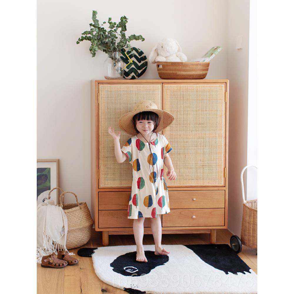 正品四季儿衣柜北欧简约现代童储实木衣组橱藤编双门合柜卧室收纳