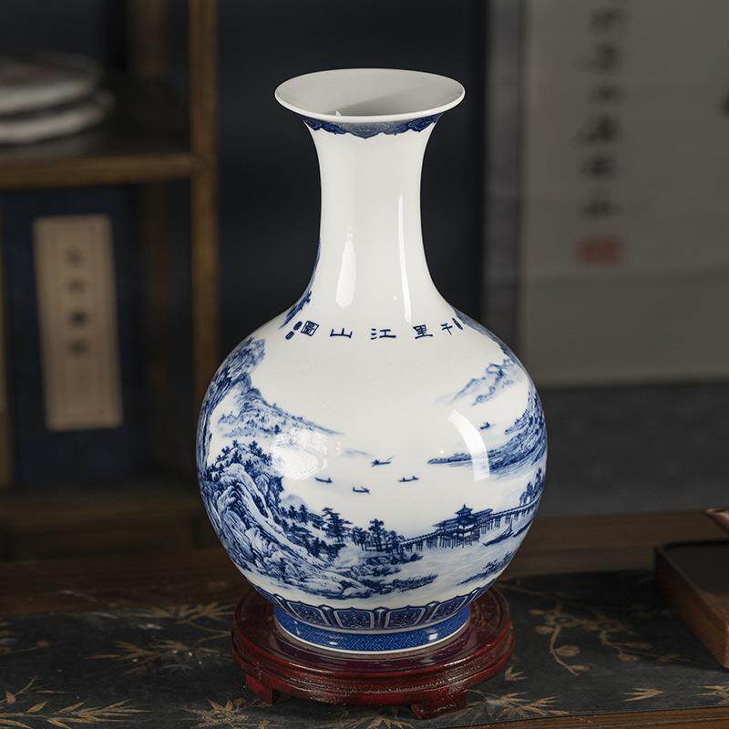 家居装饰摆件仿青花千古里山赏江瓶景RGN德小镇山水图陶瓷号花瓶