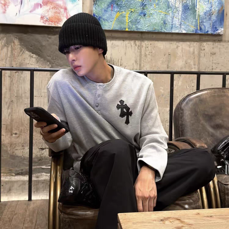 云屿川十字架PU皮长袖T恤休闲春秋INS高街潮流半纽扣圆领体恤上衣,男装,T恤,淘宝优惠券,粉丝福利购,淘宝优惠卷