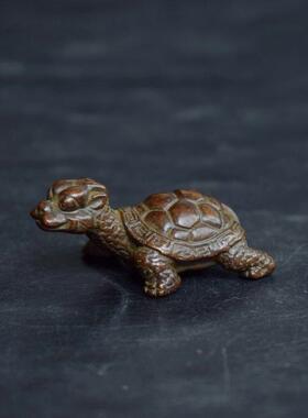 仿古 回流老铜龟小雕件纯铜长寿龙龟手把件古玩铜雕铜器小摆铜龟