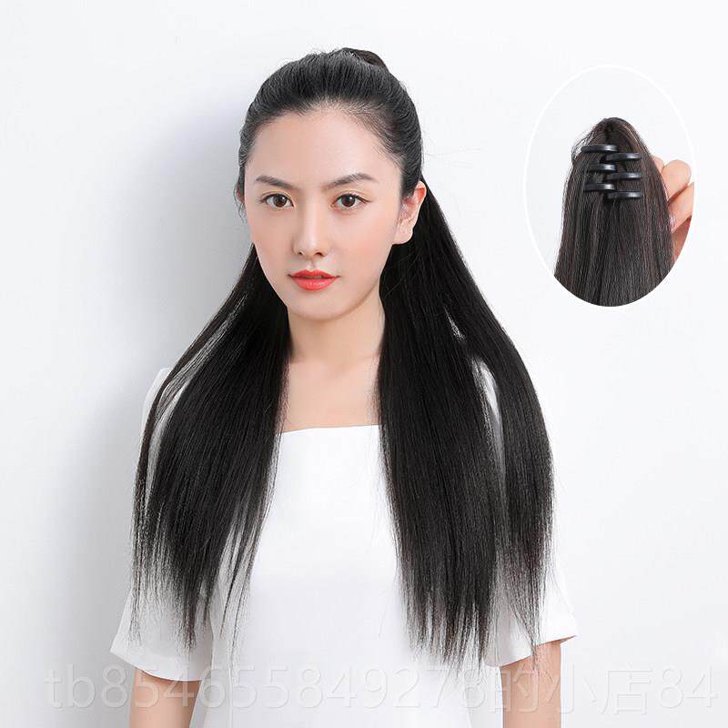 正品真发马尾长假直发真人发丝发女可烫染自然形6隐0三齿抓高马夹