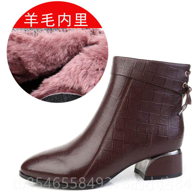 正品绒真皮中跟粗短尖头女靴子中年妈妈皮鞋软皮马跟丁靴冬季加棉