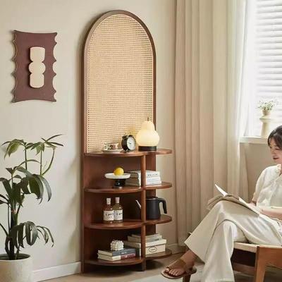 入户座屏藤编客厅花架玄关隔断角柜新中式靠墙中古实木屏风置物架