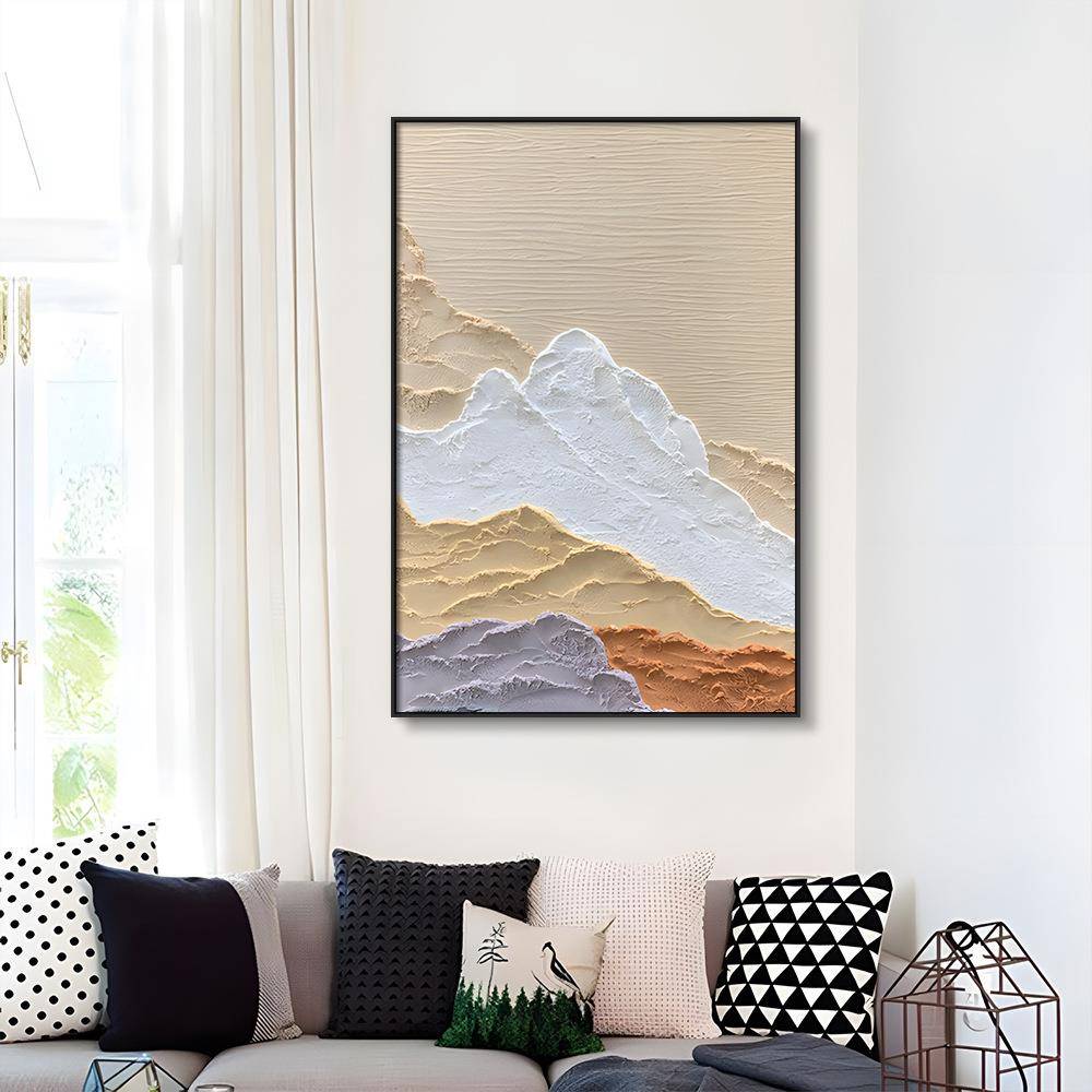 现代简约手绘油画绿白抽象石英砂肌理油画立体暖色系山景装饰画