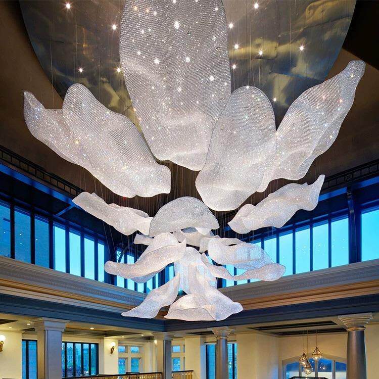 豪华别墅酒店大堂花瓣吊灯宴会厅云朵造型工程灯售楼部沙盘水晶灯