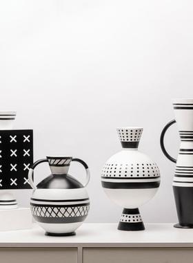 简约现代创意黑白条纹家居饰品摆件软装茶几餐桌面干花瓶花器配搭