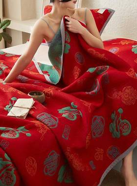 纯棉双层纱红色百床盖单件罩全棉纱布床单SX202502结本命年婚送福